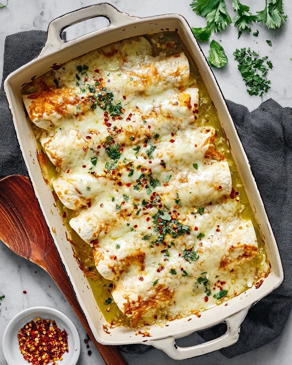 Two enchiladas lie side by side in a white baking dish with brown handles on a white marbled surface. Each enchilada is covered with a thick layer of melted white cheese that buns some golden spots and is sprinkled with small pieces of green herbs and red chili flakes. Between the enchiladas, stretchy melted cheese pulls gently, showing a gooey texture inside. The bottom shows some light green sauce pooled around and under the enchiladas, soaking slightly into the wraps. A few sprigs of fresh green herbs are placed near the dish. Photo taken with an iphone --ar 4:5 --v 7