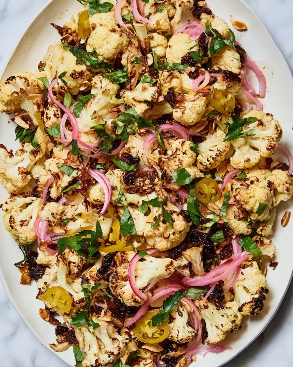 The dish shows a single layer of roasted cauliflower pieces that are slightly browned, mixed with thin slices of green chili, pink pickled onions, small green parsley leaves, and scattered toasted seeds and nuts. These all lay on a large white plate with a smooth shiny surface. A red spoon is placed on the plate, resting among the cauliflower and toppings. The setting is on a white marbled texture surface. photo taken with an iphone --ar 4:5 --v 7