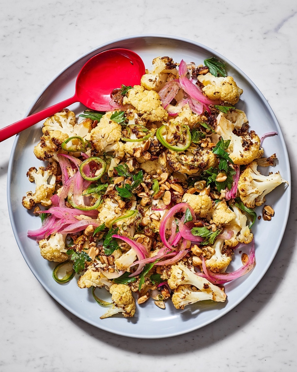 A large white oval plate holds a colorful salad made with three main layers: at the bottom, roasted cauliflower pieces with light brown edges, on top thin strips of pink pickled onions spread evenly, and scattered around are slices of fresh green chili and small yellow roasted bits. Mixed in are small toasted seeds and nuts with a golden-brown color, plus fresh green parsley leaves adding a pop of color. On the left side, a red serving spoon rests partially under the salad. The plate sits on a white marbled surface. Photo taken with an iphone --ar 4:5 --v 7