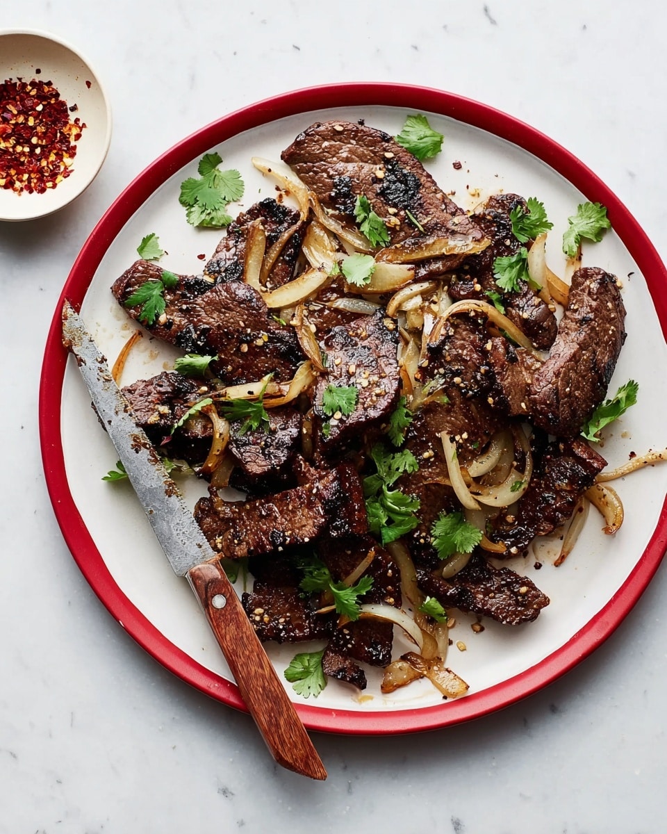 A white plate with many pieces of dark brown cooked meat scattered on it, mixed with thin slices of pale, cooked onions. Small green cilantro leaves are sprinkled on top of the meat and onions. A spoon with a wooden handle lies on the edge of the plate, partly under some meat. The plate is placed on a white marbled surface. photo taken with an iphone --ar 4:5 --v 7