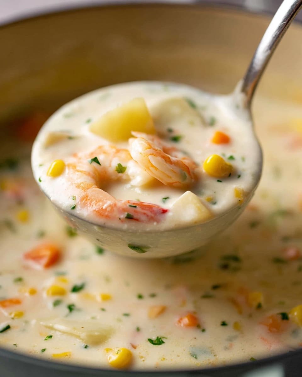 The image shows a white enamel bowl with a blue rim, filled with creamy seafood chowder. The chowder has a smooth, pale cream base with visible pieces of pink shrimp, white scallops, light yellow corn kernels, small diced potatoes, and bits of green chives sprinkled on top. A silver spoon rests inside the bowl. The bowl sits on a white cloth on a white marbled surface with a torn bread loaf and some crumbs around it. Another similar bowl of chowder is partially visible in the background. Photo taken with an iphone --ar 4:5 --v 7