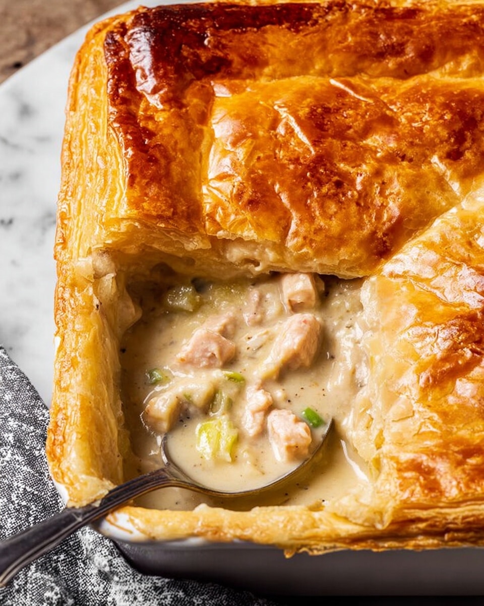A large, rectangular pie with a golden-brown, shiny puff pastry crust sits centered on a wooden surface. The crust has a slightly wrinkled texture with darker brown edges that frame the pie. The pie appears thick, with the puff pastry rising up around the sides evenly, indicating multiple flaky layers inside. To the left, a gray patterned cloth is partially visible, and a shiny silver spoon rests on the wooden surface next to it. On the right side, some dark green leaves and purple flowers add a touch of color to the background. The background surface is wooden but described as a white marbled texture. photo taken with an iphone --ar 4:5 --v 7