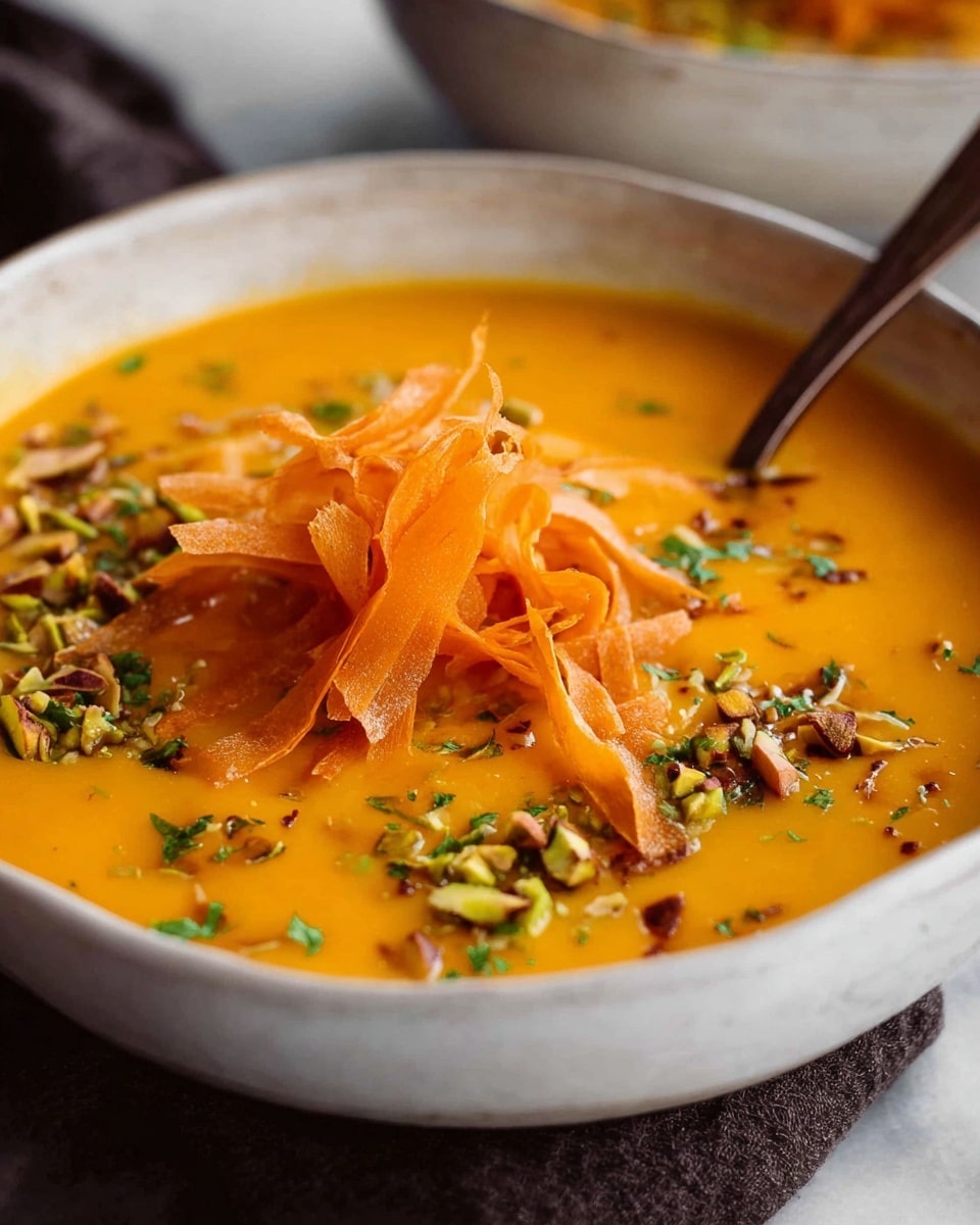 The image shows a close-up of an orange creamy soup in a white bowl placed on a white marbled surface. On top of the soup, there are thin, bright orange strips that look soft and slightly curled. Small chopped green and brown nuts or herbs are sprinkled over the soup, adding texture and contrast. A silver spoon is dipped in the soup, held by a woman's hand, scooping a portion of the thick soup with some of the orange strips and chopped toppings. The warm colors of the soup and toppings stand out against the simple white bowl and light background. photo taken with an iphone --ar 4:5 --v 7