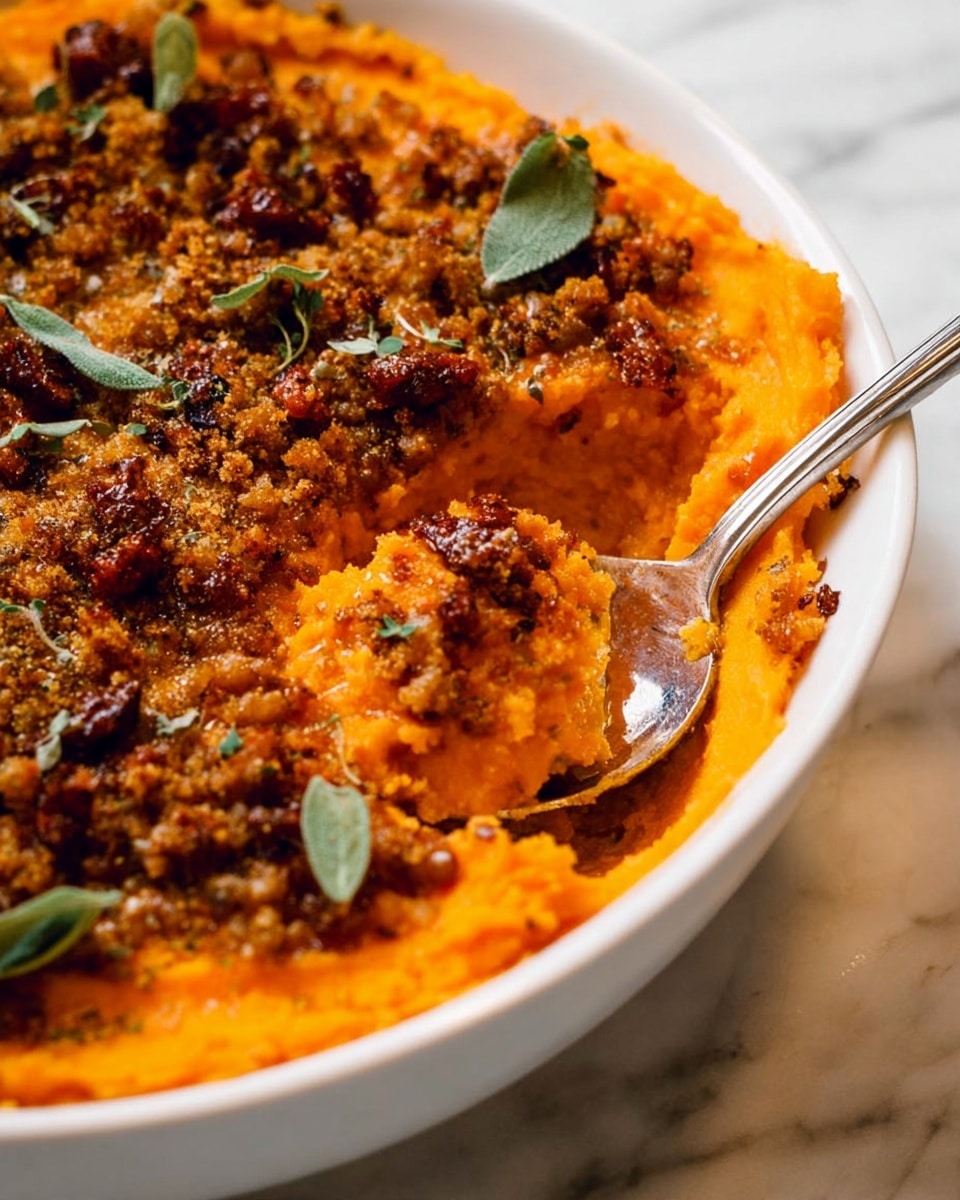 A white oval dish filled with a baked casserole showing two main layers: a smooth, bright orange base layer likely made of mashed sweet potatoes, and a thick crumbly golden-brown topping mixed with green herbs and small bits of crispy reddish-brown bacon. The topping has uneven texture with crunchy pieces and some fresh green sage leaves scattered on top for garnish. The dish is set on a white marbled surface with a light gray cloth nearby and a small white bowl with extra crispy bacon bits in the background. photo taken with an iphone --ar 4:5 --v 7