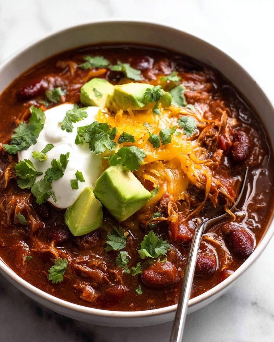 The image shows a close-up of a thick stew with shredded meat and red beans in a rich, brown sauce. The stew has a chunky texture with visible strands of tender meat and whole beans, and it is garnished with a few bright green cilantro leaves that add contrast. A metal ladle is scooping up some of the stew, showing the moist and hearty consistency of the dish. The background is out of focus but dark, making the stew the main focus. The stew is in a white pot, resting on a white marbled surface. Photo taken with an iphone --ar 4:5 --v 7