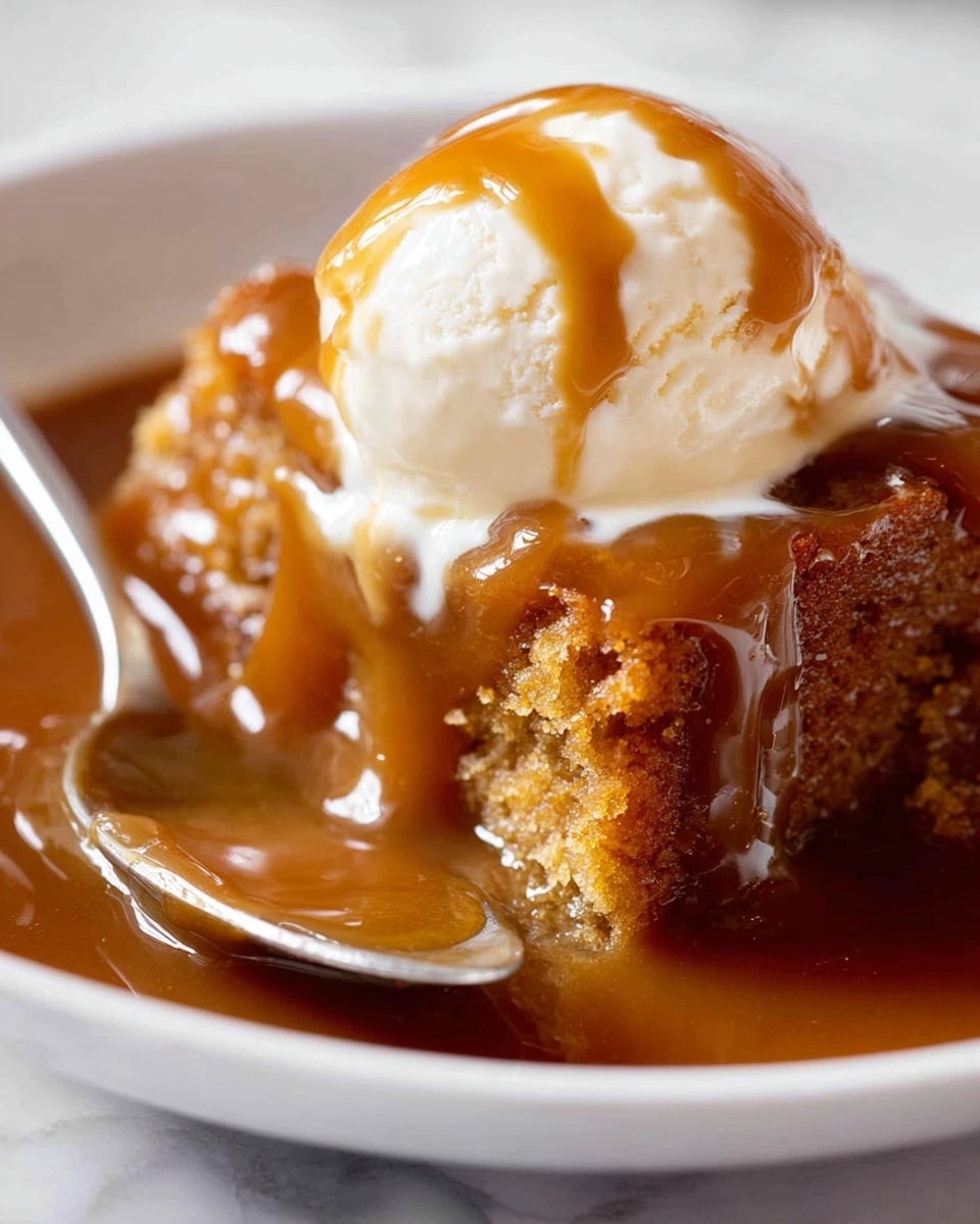 A white bowl holds one serving of a dessert with three layers: the base is a golden brown cake layer that looks soft and moist, covered by a thick light brown sauce with a glossy texture flowing over it, and topped with a single round scoop of white ice cream which is slightly melting, creating a mix of cream and sauce. A silver spoon rests on the edge of the bowl. The bowl sits on a dark cloth on a white marbled surface, with a larger white bowl blurred in the background. Photo taken with an iphone --ar 4:5 --v 7