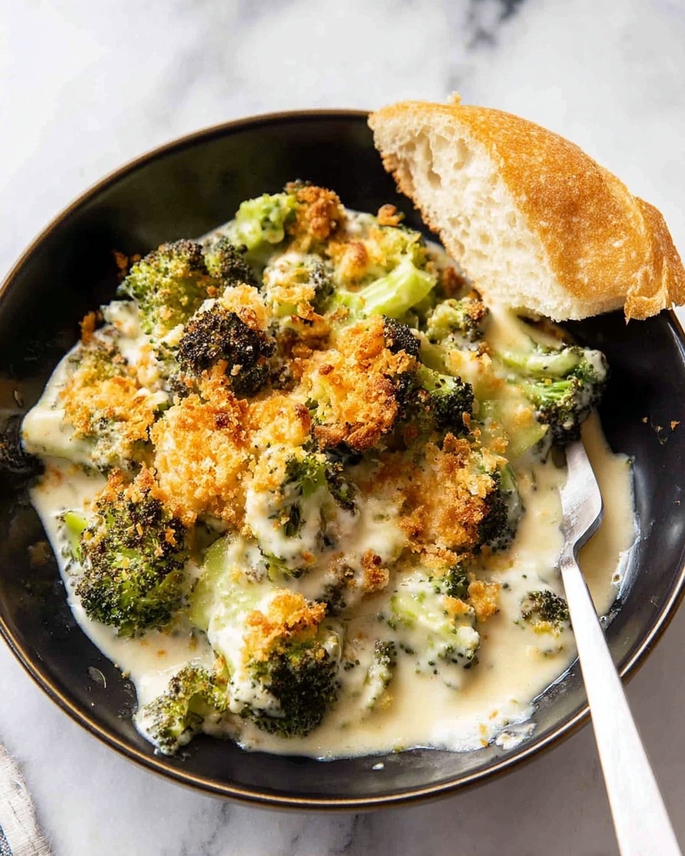 The image shows a white oval baking dish filled with a creamy broccoli casserole topped with a golden brown crispy breadcrumb layer. The top layer is uneven and crunchy with some darker toasted spots. Inside, visible underneath the scoop removed by a twisted metal spoon, there are pieces of broccoli coated in a thick white sauce. The dish is placed on a white marbled surface, and some breadcrumb crumbs are scattered around the dish. Photo taken with an iphone --ar 4:5 --v 7