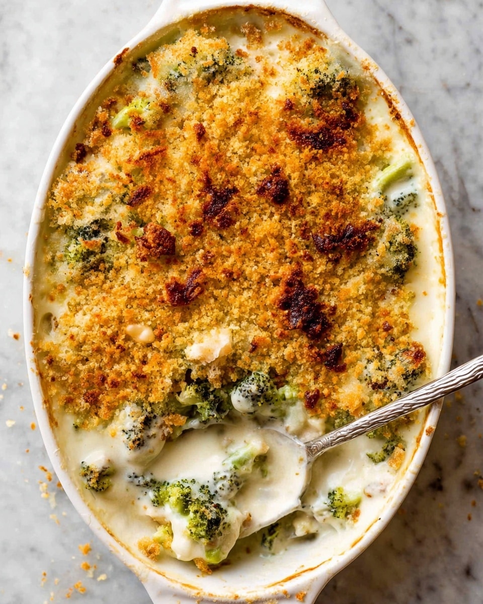 The dish is a close-up of a creamy baked broccoli casserole in a white oval baking dish. The casserole has large bright green broccoli florets covered in a smooth, thick white sauce. On top, a golden brown crispy crumb layer is scattered unevenly, with some parts more toasted and darkened. The edges of the baking dish show baked cheese and sauce that slightly browned and bubbled. A silver serving spoon is partially inserted into the casserole on the right side. The background is a white marbled surface. photo taken with an iphone --ar 4:5 --v 7