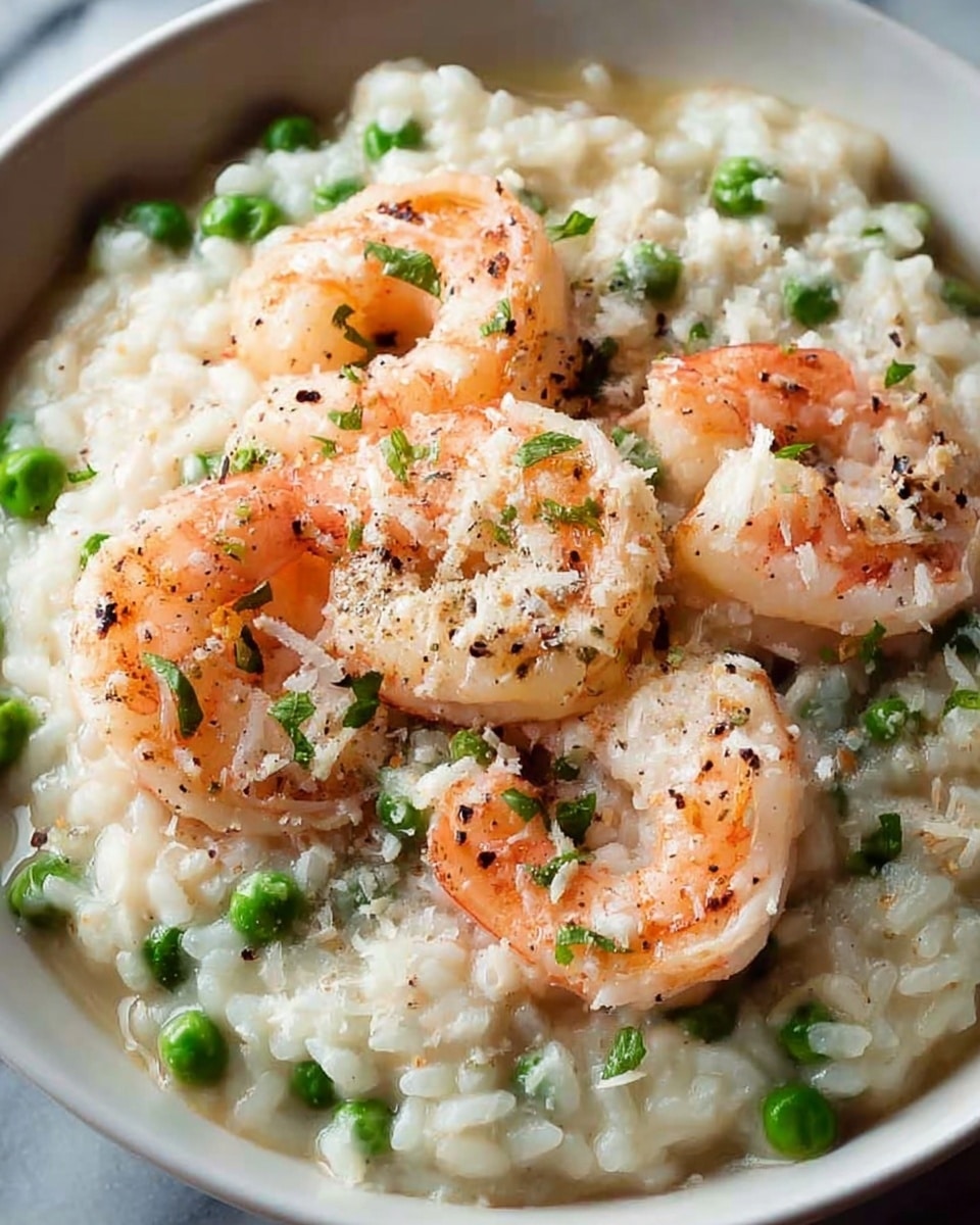 The image shows a creamy risotto dish served in a white bowl on a white marbled surface. The risotto forms the base layer with a soft, creamy white texture mixed with small, tender green peas scattered evenly throughout. On top, there are several pink-orange cooked shrimp arranged around the bowl, some overlapping the risotto. The shrimp have a slightly shiny, smooth texture with visible seasoning of black pepper and sprinkled small green herb bits. The dish is finished with a light dusting of grated cheese that adds a pale yellow color and a slight crumbly texture on the surface. Photo taken with an iphone --ar 4:5 --v 7