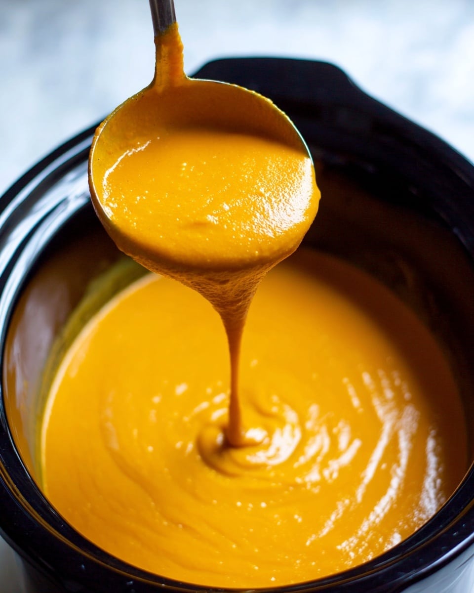 A close-up image of thick, smooth pumpkin soup in a black slow cooker, with a ladle lifting a large scoop of the vibrant orange soup. The soup has a creamy texture, and the ladle shows the soup slowly dripping back into the pot, making a small swirl on the surface. The background is a white marbled texture. photo taken with an iphone --ar 4:5 --v 7