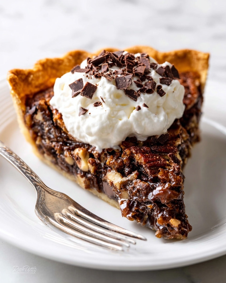 A slice of pie is shown on a white plate with a silver fork next to it. The pie has a thick, golden-brown crust around the edges, filled with a dark, rich mixture that looks crumbly and studded with melted chocolate chunks and nuts. On top of the pie is a smooth, white dollop of whipped cream, crowned with dark chocolate shavings. The plate rests on a white marbled surface. photo taken with an iphone --ar 4:5 --v 7