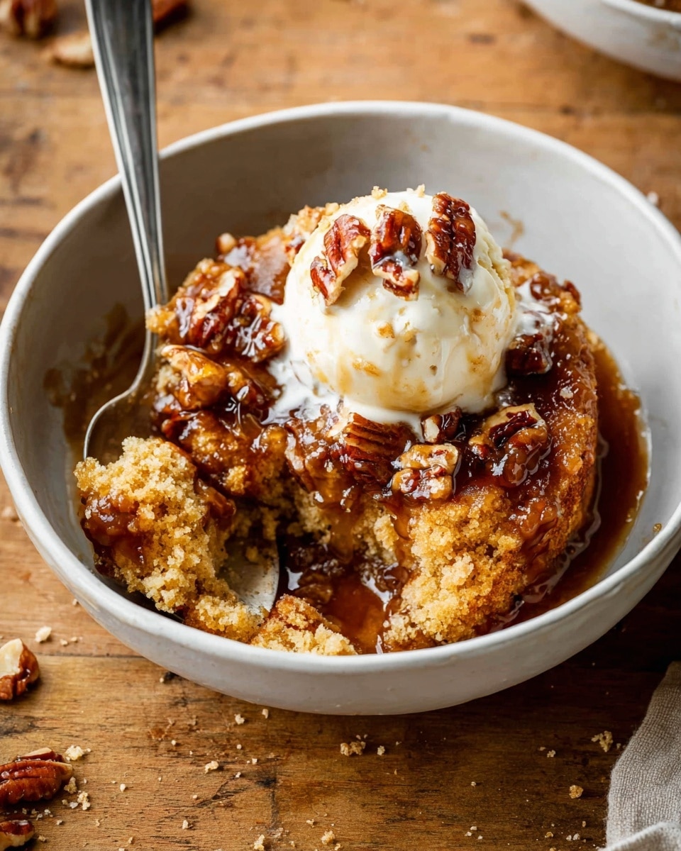 The dish is served in a white bowl with a rough texture and contains a layered dessert. The bottom layer is a warm, golden cake with a soft and crumbly texture. On top of the cake, there is a thick brown syrup mixed with toasted pecan pieces scattered throughout, adding a crunchy texture. A scoop of creamy white ice cream sits on top of the dessert, slightly melting and topped with a few pecan pieces. A silver spoon is placed inside the bowl on the left side, partially submerged in the dessert. The bowl is set on a wooden surface with breadcrumbs and pecan crumbs scattered around. Photo taken with an iphone --ar 4:5 --v 7