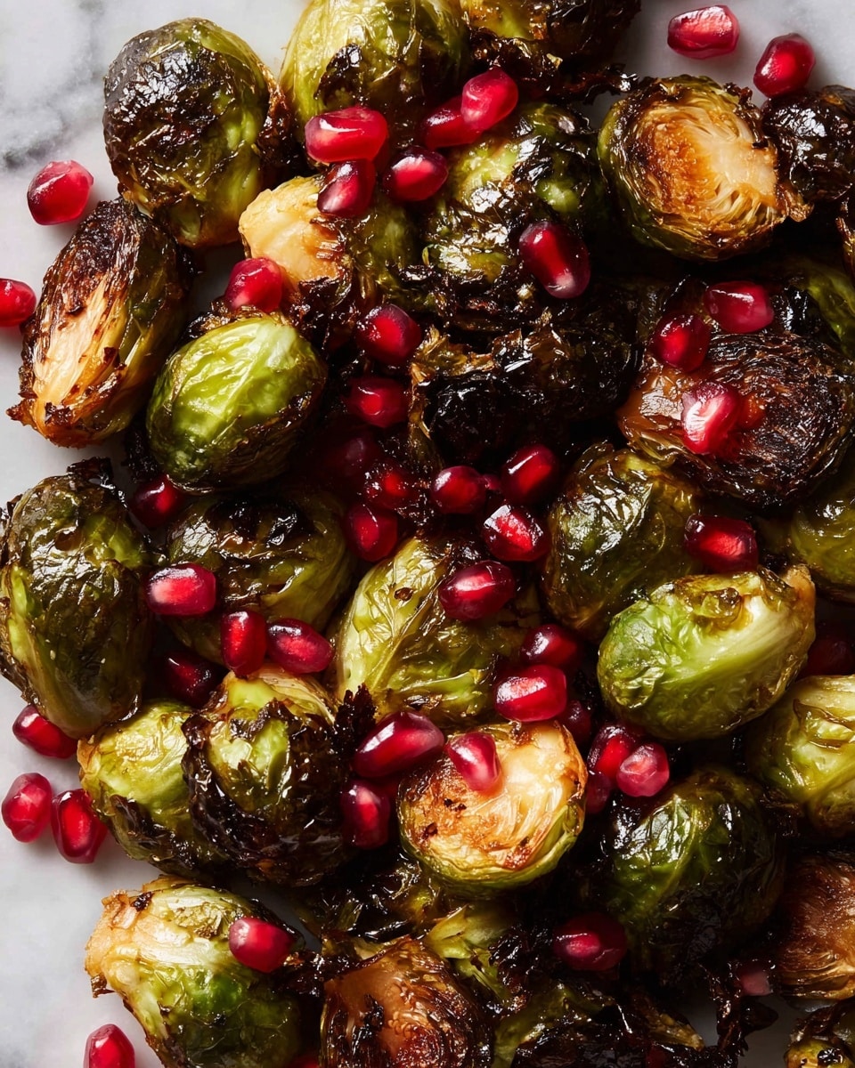 A close-up view of roasted Brussels sprouts arranged unevenly, showing a mix of deep green and golden brown crispy edges from charring. Scattered evenly among the Brussels sprouts are shiny, bright red pomegranate seeds, adding small pops of vibrant color. The dish sits on a white marbled surface, and the textures range from soft and cooked Brussels sprouts to the glossy, smooth pomegranate seeds. Photo taken with an iphone --ar 4:5 --v 7