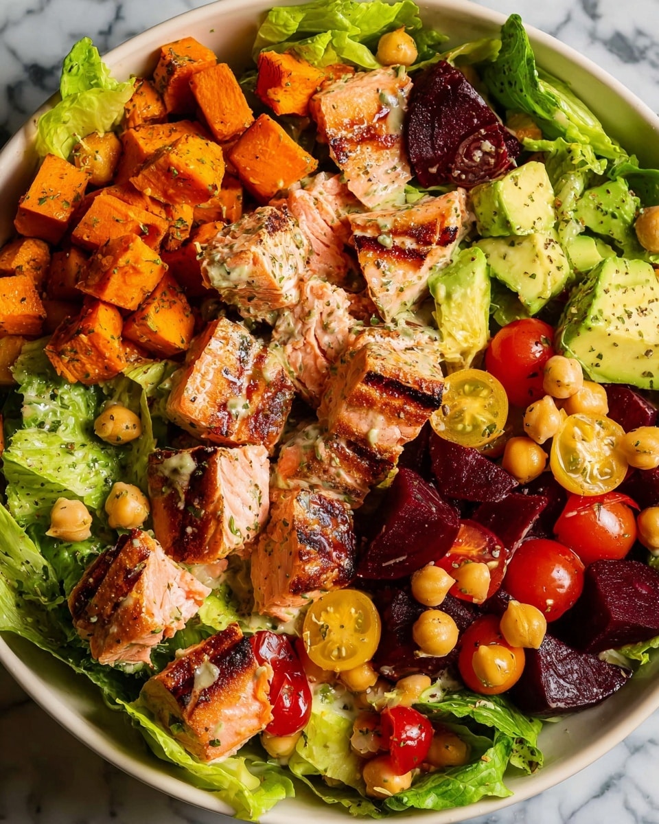 A white bowl filled with a colorful salad sits on a white marbled surface. The bottom layer is fresh green romaine lettuce leaves. On top are chunks of grilled, light golden brown salmon with dark grill marks. Scattered around are bright orange sweet potato cubes, creamy green avocado cubes, deep red beet pieces, and whole and halved cherry tomatoes in red and yellow. Creamy beige chickpeas are mixed throughout, and a light drizzle of dressing with herbs glistens on top. The salad looks fresh and vibrant with a variety of textures and colors. photo taken with an iphone --ar 4:5 --v 7