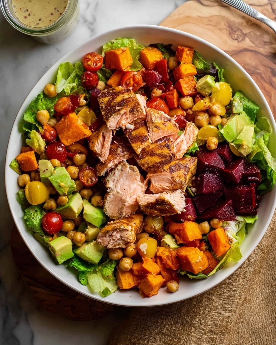Two white bowls filled with salad sit on large round light brown plates over a white marbled surface. Each bowl has a base layer of fresh green lettuce leaves, topped with diced orange sweet potato cubes, red and yellow cherry tomato halves, light beige chickpeas, and green avocado pieces. On top, there are several pieces of grilled chicken with brown grill marks and a slightly charred texture. Around the bowls, there are small bowls of salt and pepper, a glass with a dark pink drink, a pitcher with yellow dressing, a light green cloth, and a fork and knife. The photo taken with an iphone --ar 4:5 --v 7