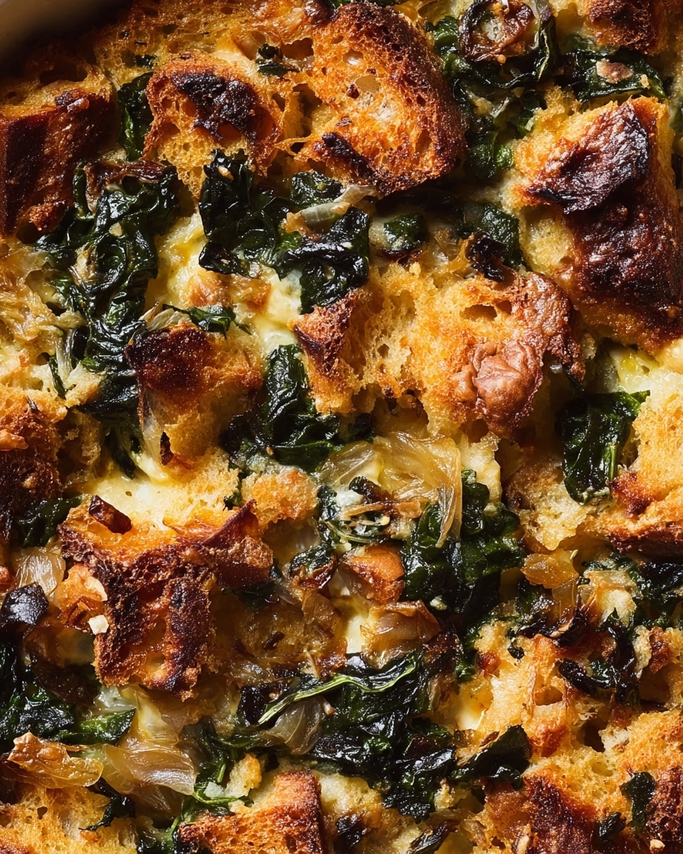 A round white pot filled with a baked dish showing multiple uneven layers of golden brown toasted bread chunks mixed with dark green cooked leafy vegetables and light brown caramelized onions. The top layer is crispy and textured with browned bread edges and scattered vegetable pieces. A silver spoon with a wooden handle is scooping some of the dish, revealing a soft, rich inside with visible layers of bread and vegetables underneath the crust. The pot handle and rim are teal. A piece of the dish is on a white plate below, all placed on a white marbled surface. Photo taken with an iphone --ar 4:5 --v 7