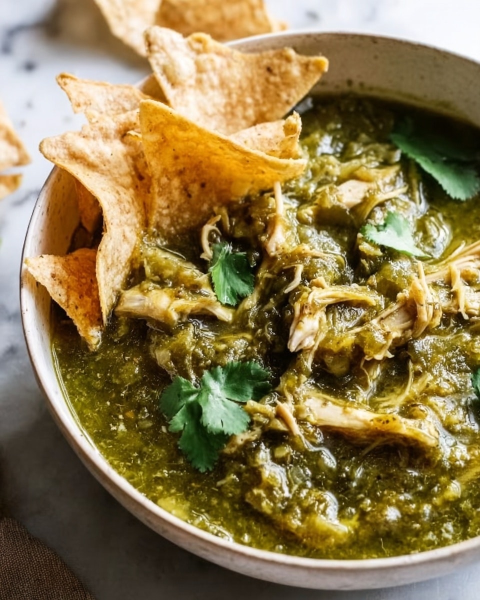 A white bowl filled with a greenish sauce containing shredded pieces of meat is in the center. The sauce has a thick texture and on top are scattered light golden crispy chips along with some fresh green cilantro leaves. A spoon with a light wooden handle rests inside the bowl. Around the bowl, there is a white marbled surface with scattered broken chips, a small white bowl of sour cream, a white bowl filled with fresh chopped cilantro, and a glass of fizzy light brown drink. A mustard yellow cloth napkin is placed beside the bowl. photo taken with an iphone --ar 4:5 --v 7