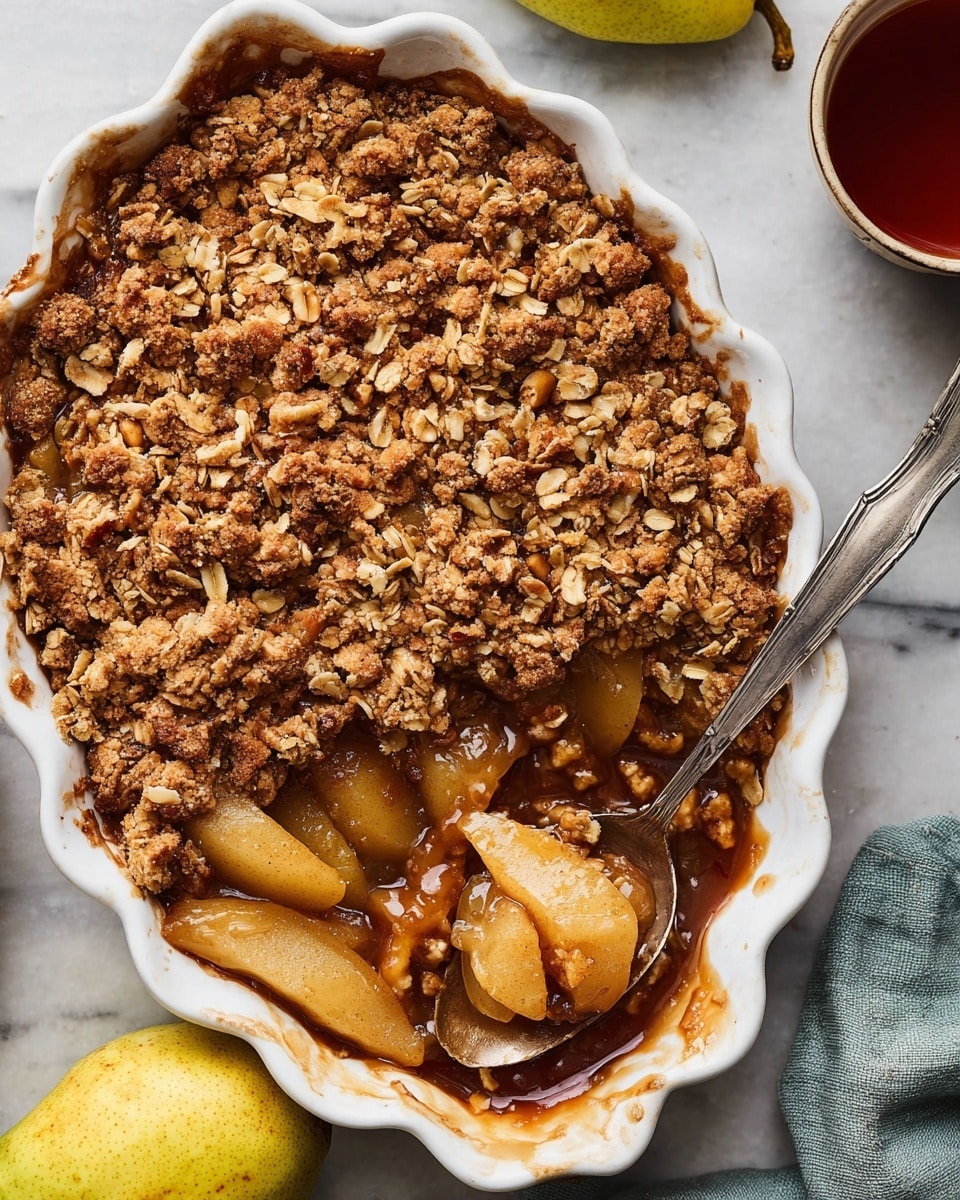 A white round dish filled with a pear crumble that has two visible layers: a bottom layer of soft, cooked pear slices in a shiny, brown syrup and a thick, textured top layer of golden brown oat and nut crumble with clumps of oats and small crunchy bits, showing a spoon scooping from the right side. Around the dish are three whole yellow pears with green tints, a small bowl of pecans, a white bowl with vanilla ice cream and crumble, a small white bowl with dark syrup, and a white marbled surface beneath everything. Photo taken with an iphone --ar 4:5 --v 7