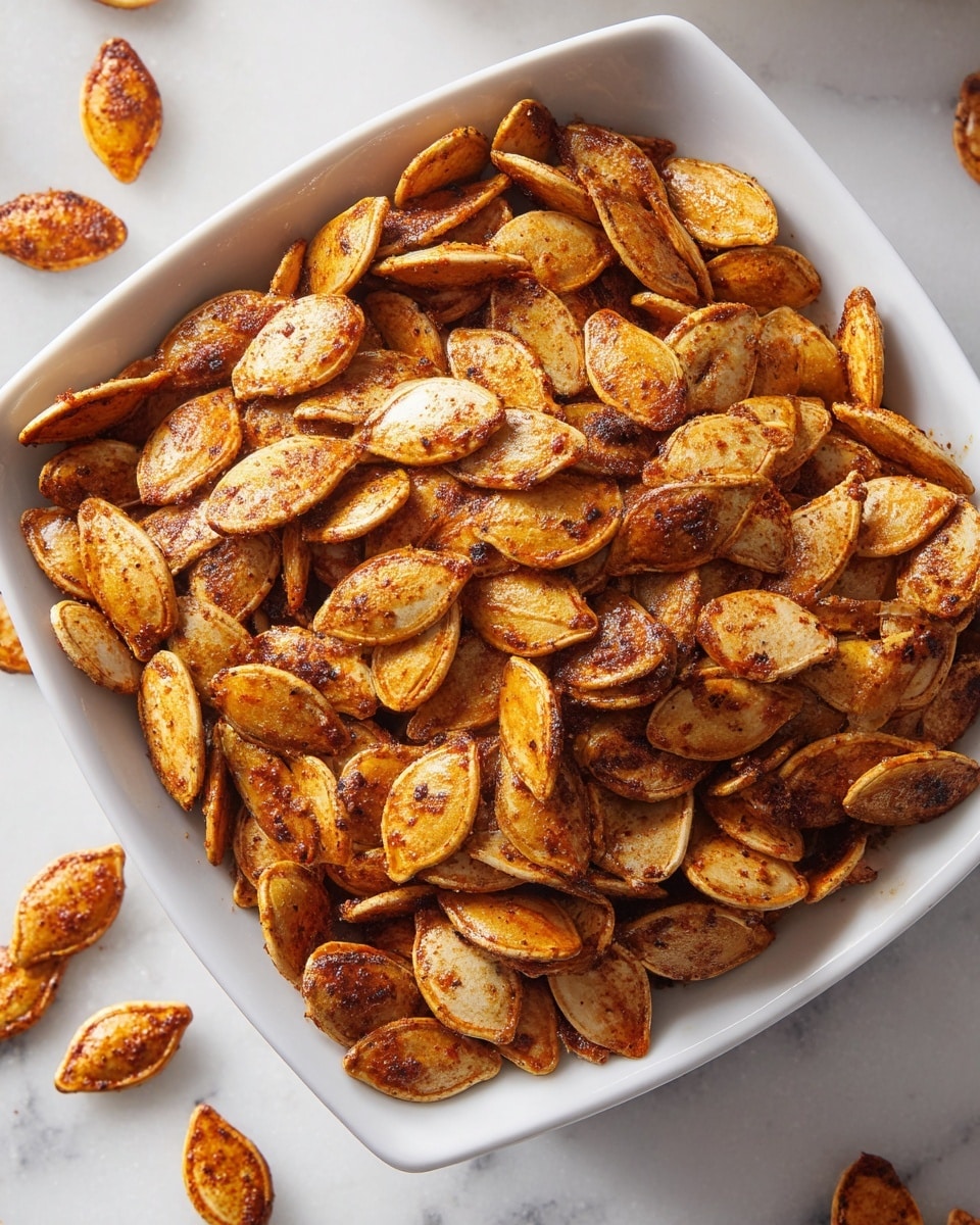 The image shows a close-up view of many roasted pumpkin seeds spread evenly across a white marbled surface. The seeds are golden brown with a shiny, slightly oily texture and a light coating of reddish-brown seasoning, giving them a toasted and flavorful look. Each seed is elongated and curved, showing some darker roasted spots and a mix of light and dark shades of brown. The whole batch looks crunchy and well roasted, filling the entire frame with no other objects visible. photo taken with an iphone --ar 4:5 --v 7