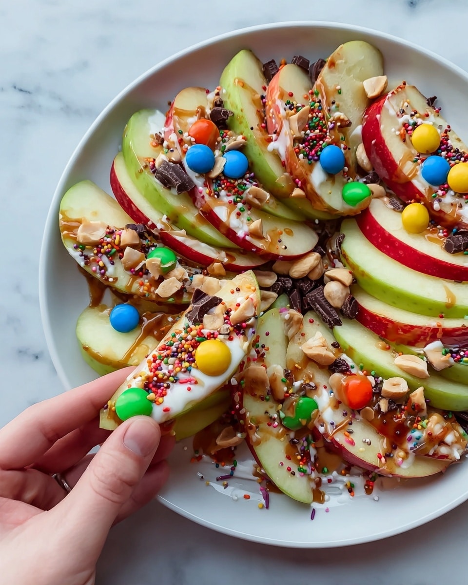 The dish shows a white plate filled with green and red apple slices arranged in circles. The apples are covered with a white creamy drizzle, a shiny brown syrup, and scattered with peanuts, colorful candy-coated chocolates in red, yellow, blue, green, and orange, plus small sprinkles in various bright colors. There are small bits of dark chocolate scattered across the apple slices. A woman's hand is holding one apple slice with peanut, candy, and drizzle toppings close to the plate. The background is a white marbled surface. photo taken with an iphone --ar 4:5 --v 7