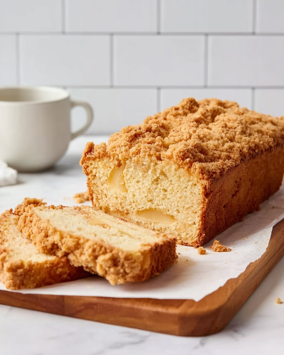 A loaf-shaped cake with a crumbly, golden-brown topping rests on a wooden board covered with white parchment paper. The cake is sliced, showing a soft, light beige inside with small, light yellow fruit pieces scattered throughout its dense texture. There are two slices lying flat in front of the main loaf, revealing the moist crumb and crumbly topping detail. The background is a clean white tiled wall, and a white cup is placed on the left side on a white marbled surface. Photo taken with an iphone --ar 4:5 --v 7