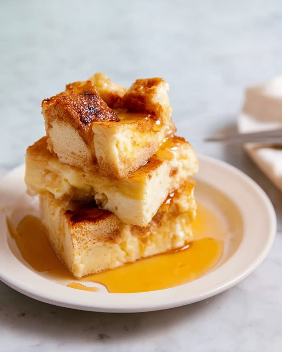 The image shows a piece of bread pudding on a white plate with a slightly raised edge. The pudding is made of several layers of golden-brown toasted bread pieces stacked closely, creating a textured, rough surface with a mix of soft and crispy areas. A thick caramel sauce is being poured over the top, dripping down the sides and pooling on the plate. The plate is on a white marbled surface. A small fork rests on the right side of the plate, with a woman's hand holding a syrup container above, pouring the sauce. The background is softly blurred with warm, neutral tones. photo taken with an iphone --ar 4:5 --v 7