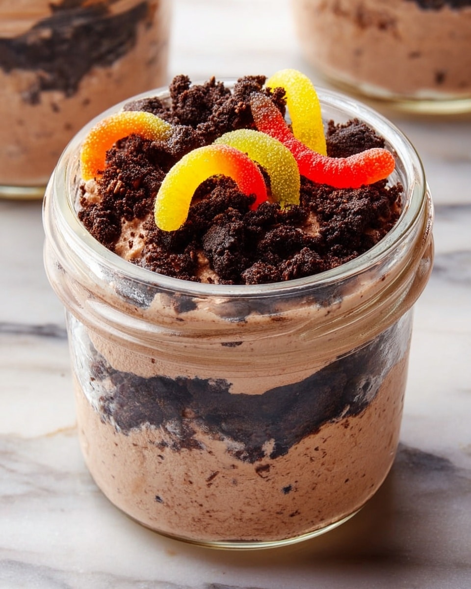 A clear glass jar filled with three visible layers: the bottom layer is a thick, creamy chocolate mousse with a smooth texture; the middle layer is a dense, dark chocolate cookie crumb layer; on top is a lighter, fluffy chocolate mousse layer. The jar is topped with crushed dark chocolate cookie crumbs and two gummy worms, one orange and yellow, and the other red and yellow, draped over the edge. The jar sits on a white marbled surface. Photo taken with an iphone --ar 4:5 --v 7