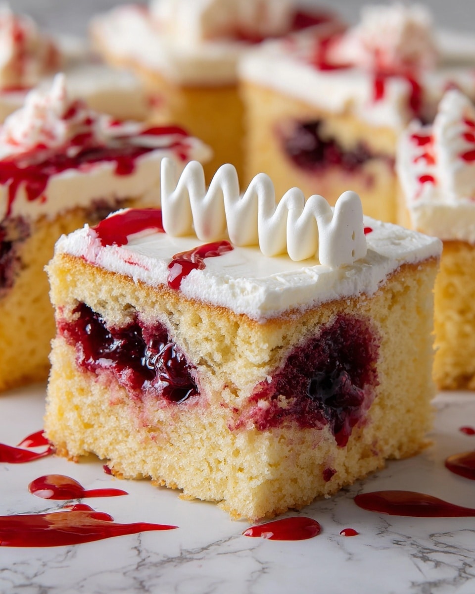 The image shows a close-up of a square piece of yellow cake with three layers: a soft, moist cake base, thick white creamy frosting on top, and dark red berry sauce dripping from the middle of the cake through the frosting and down the sides. The cake piece is front and center with more pieces of the same cake in the background, all on white parchment paper placed over a white marbled surface. The berry sauce has some splatters around the cake on the paper, and a white decorative piece sits on top of the frosting. Photo taken with an iphone --ar 4:5 --v 7