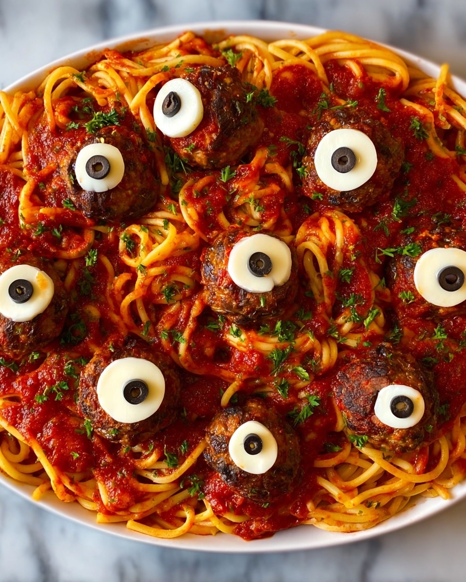 A white plate holds a bed of light yellow spaghetti noodles topped with bright red tomato sauce scattered evenly. On top of the spaghetti, there are several round brown meatballs, each decorated with a white circular piece and a black olive slice on top, making them look like eyes. Some chopped green herbs are sprinkled over the dish for a fresh touch. A silver spaghetti server lifts some spaghetti with a meatball eye from the middle of the plate. The plate sits on a wooden surface. photo taken with an iphone --ar 4:5 --v 7