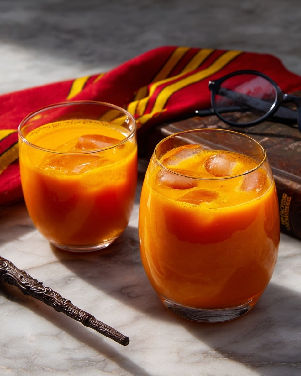 Two round, clear glasses are filled with thick, bright orange liquid topped with a few large ice cubes. The liquid’s texture is smooth but visibly dense, with tiny bubbles on the surface. The glasses sit on a surface that appears gray slate, with a blurred deep red and gold cloth in the background. A carved wooden handle of a utensil is placed to the left side near the lower glass. photo taken with an iphone --ar 4:5 --v 7