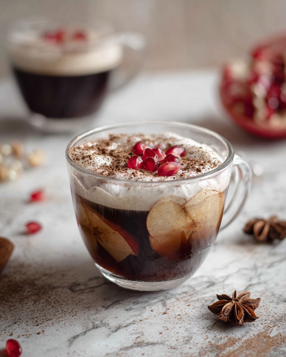 The image shows a clear glass cup filled with three main layers: the bottom layer is a dark brown liquid that looks like coffee or tea, floating on top are light brown slices of dried apple, and the top layer is a white foam sprinkled with dark brown powder, possibly cinnamon, with a few bright red pomegranate seeds scattered on the foam. The cup is placed on a white marbled surface, and there is a second cup with the same drink blurred in the background along with some star anise and pomegranate pieces scattered around. Photo taken with an iphone --ar 4:5 --v 7
