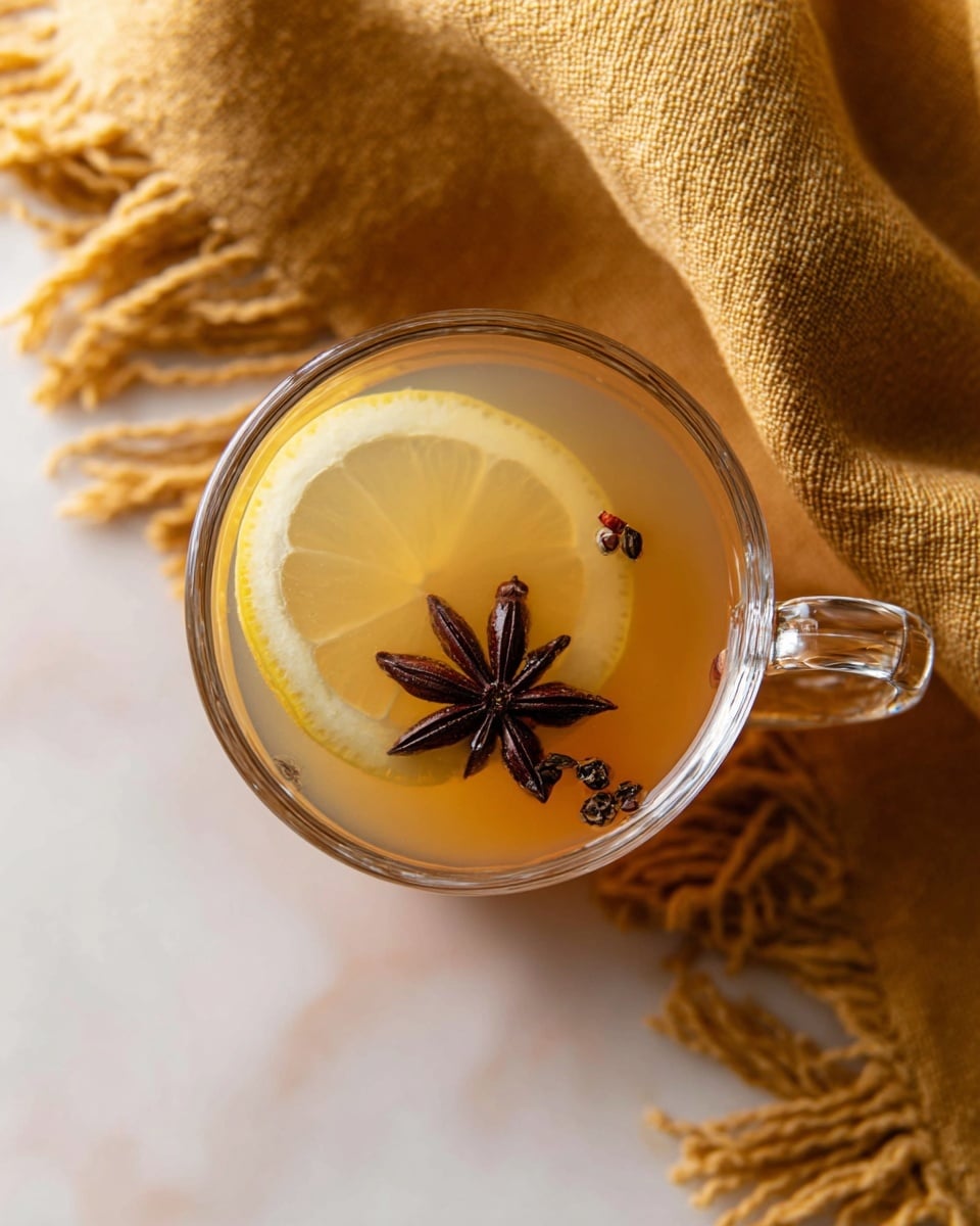 The image shows three clear glass cups filled with a light yellow drink on a round wooden tray. Each cup has one or two cinnamon sticks resting on the surface and a slice of lemon visible under the liquid. Two cups also have a star-shaped brown spice floating on top. The tray is placed on a white marbled surface, with a mustard yellow textured cloth beside it, and colorful flowers blurred in the foreground on the left side. photo taken with an iphone --ar 4:5 --v 7