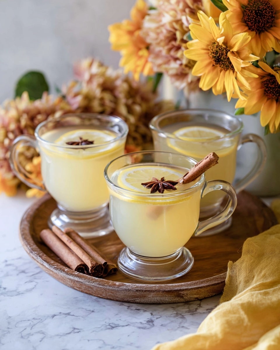 Three clear glass mugs sit on a round wooden tray, each filled with a pale yellow liquid. Every mug has a thin lemon slice floating near the top, along with either a single cinnamon stick or a star anise piece for decoration. The background includes bright yellow sunflowers and some soft brown flowers, all against a white marbled surface. A soft yellow cloth is draped next to the tray. Photo taken with an iphone --ar 4:5 --v 7