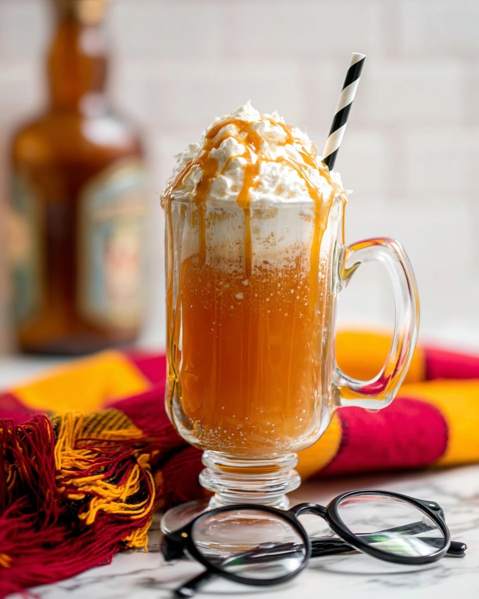A clear glass mug filled with a layered drink consisting of a bottom layer of light brown liquid with bubbles and ice cubes visible inside, topped with a large thick white fluffy cream layer overflowing the mug's rim. A wooden spoon held by a woman's hand is lifting some of the cream above the mug. In the background, there is a white pitcher, a brown bottle, and a clear bowl on a white marbled surface. A red and yellow striped cloth is draped beside the mug. Photo taken with an iphone --ar 4:5 --v 7