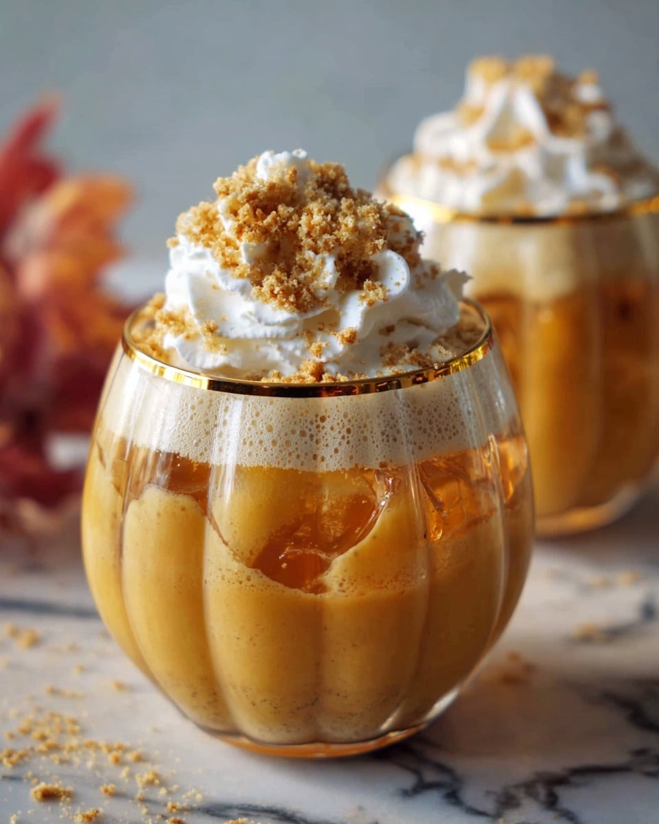 The image shows two short, round clear glasses filled with a creamy orange drink. The drink has a frothy light orange layer on top and ice cubes floating inside. Each glass is topped with a generous swirl of white whipped cream sprinkled with golden brown crumbs. One glass is on a rustic wooden surface surrounded by small orange flower petals and light tan straw strands, while a small white pumpkin sits nearby. A woman's hand with pale pink nail polish is holding the second glass in the background. The setting has warm, cozy lighting with blurred colorful lights in the background. Photo taken with an iphone --ar 4:5 --v 7