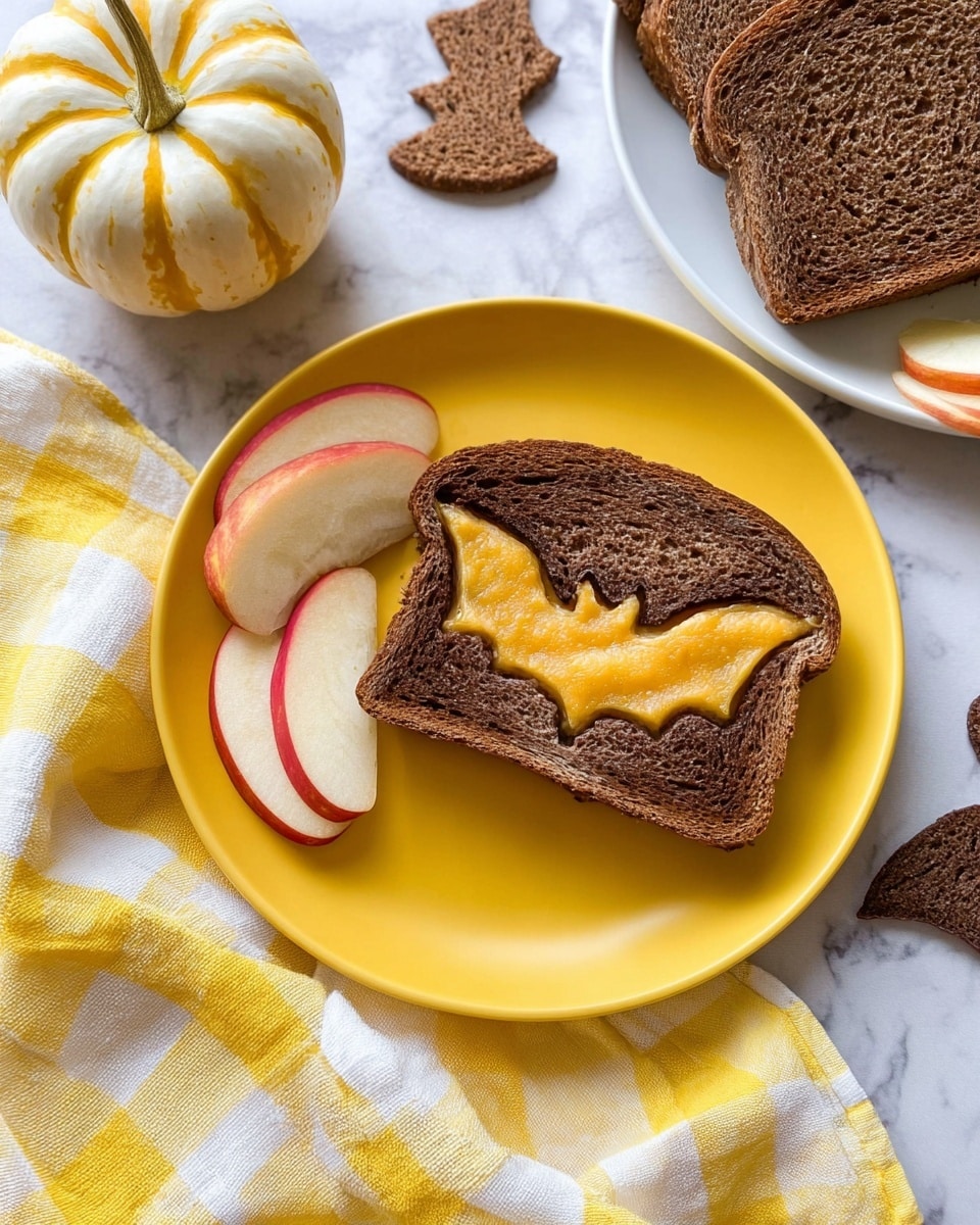 A yellow plate holds a grilled cheese sandwich made from two slices of dark brown bread, with the top slice shaped like a bat, revealing melted yellow cheese inside. On the left side of the plate, there are three slices of red and white apple. Next to the plate, there is a small white pumpkin with yellow stripes on a yellow and white checkered cloth. In the background, parts of a white marbled surface are visible along with more dark brown bread slices and a few apple slices on a white plate. Small pieces of the dark brown bread shaped like a bat lie near the main plate. Photo taken with an iphone --ar 4:5 --v 7