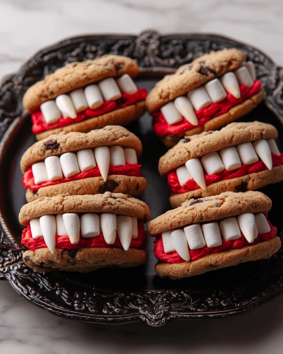 Five cookie sandwiches sit on a white plate with black patterns, placed on a white marbled surface. Each sandwich has two chocolate chip cookies as the top and bottom layers, showing a light brown color with darker chocolate chips. Between the cookies is a layer of bright red frosting, spread evenly. On top of the red frosting, small white marshmallows are arranged vertically to look like teeth, with a few almond slivers positioned as long vampire fangs among them. The cookies and marshmallows together create a playful vampire mouth look. Photo taken with an iphone --ar 4:5 --v 7