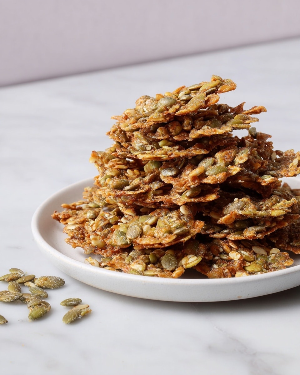 The image shows a close-up view of thin, crispy pumpkin seed crackers spread out unevenly on white baking paper on a baking tray. The crackers have a mix of light brown and green shades from toasted pumpkin seeds, and their texture looks rough and crunchy with some seeds sticking out. A wooden spoon is holding a small group of these crackers near the bottom left corner of the tray. Below the tray, on a white marbled surface, there is a small white bowl with some whole green pumpkin seeds with a few seeds scattered nearby. Photo taken with an iphone --ar 4:5 --v 7