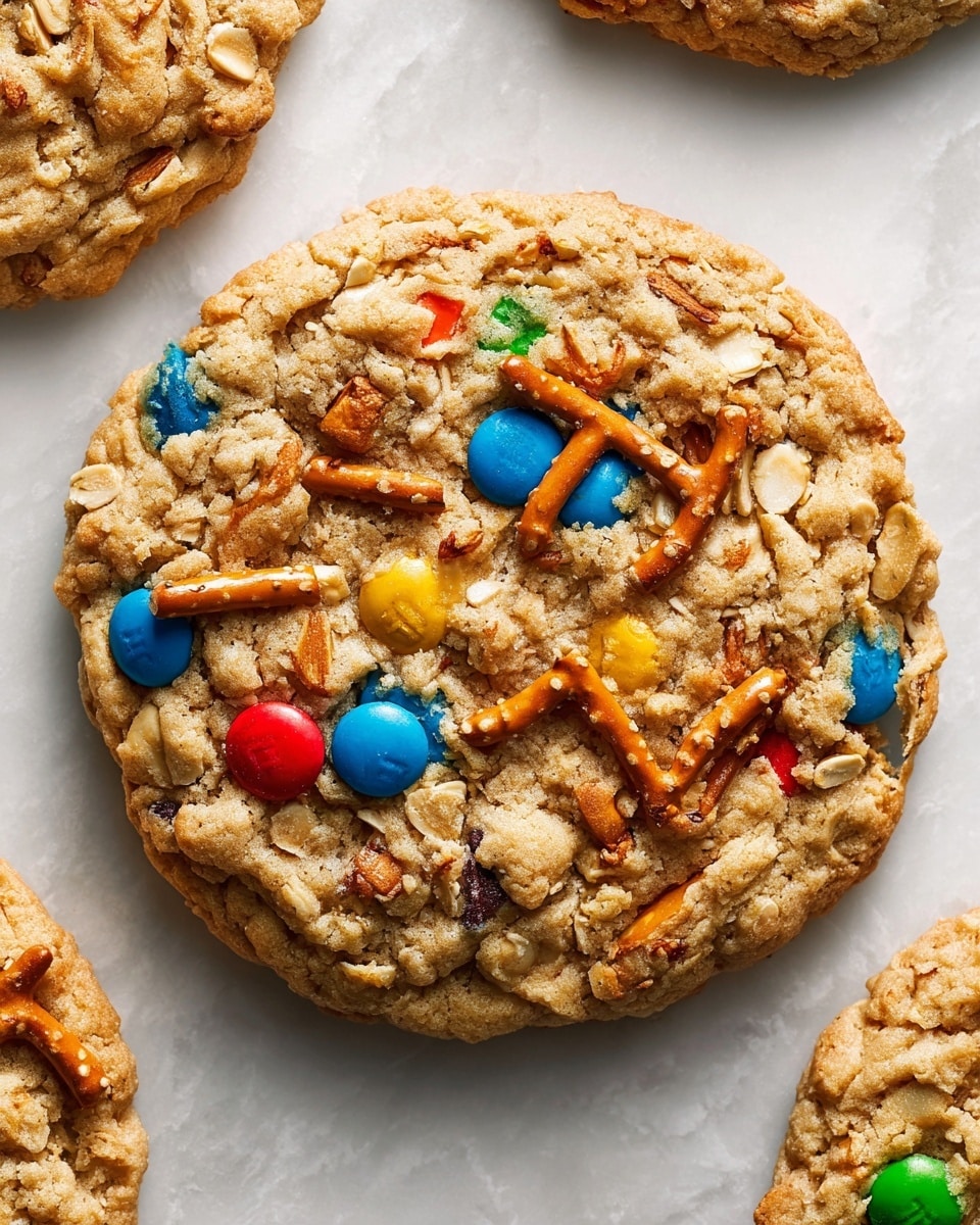 The image shows a close-up view of a single thick cookie with a rough texture, lying on top of other similar cookies. The cookie has a light golden brown color and is dotted with layers of colorful candy pieces in blue, red, yellow, and green scattered throughout. There are also visible pieces of oats and light brown peanuts pressed into the cookie’s surface. Twisted small pretzel sticks with their light brown color and crunchy texture poke through the cookie body in several places, adding a contrasting shape and color. The background surface has a white marbled texture. photo taken with an iphone --ar 4:5 --v 7