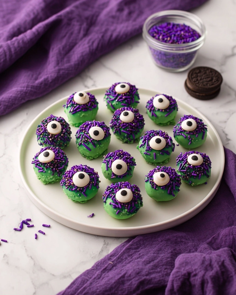 A white round plate holds 18 small green cake balls arranged neatly. Each cake ball is decorated with purple sprinkles on top and has a single white candy eye with a black center placed on the front side. The plate is set on a white marbled surface with a purple cloth to the left. Around the plate, there are scattered orange, yellow, and brown candy pieces, black sandwich cookies, and small wrapped Snickers bars. To the right of the plate, a white bowl filled with purple sprinkles is also placed. The overall scene is colorful and playful. photo taken with an iphone --ar 4:5 --v 7