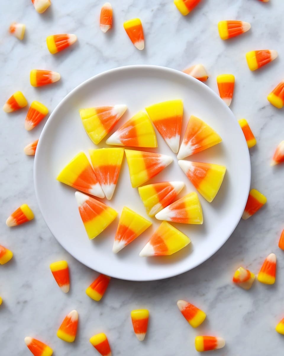 A white round plate sits on a white marbled surface and holds around fifteen triangular candy pieces arranged in a loose circular pattern. Each candy has three layers: a top layer in pale yellow, a middle layer in bright orange, and a bottom layer in white, creating a color gradient similar to candy corn. The plate is surrounded by many small candy corns scattered randomly on the white marbled surface. The scene is bright with soft, even lighting highlighting the smooth, sugary texture of the candies. Photo taken with an iphone --ar 4:5 --v 7