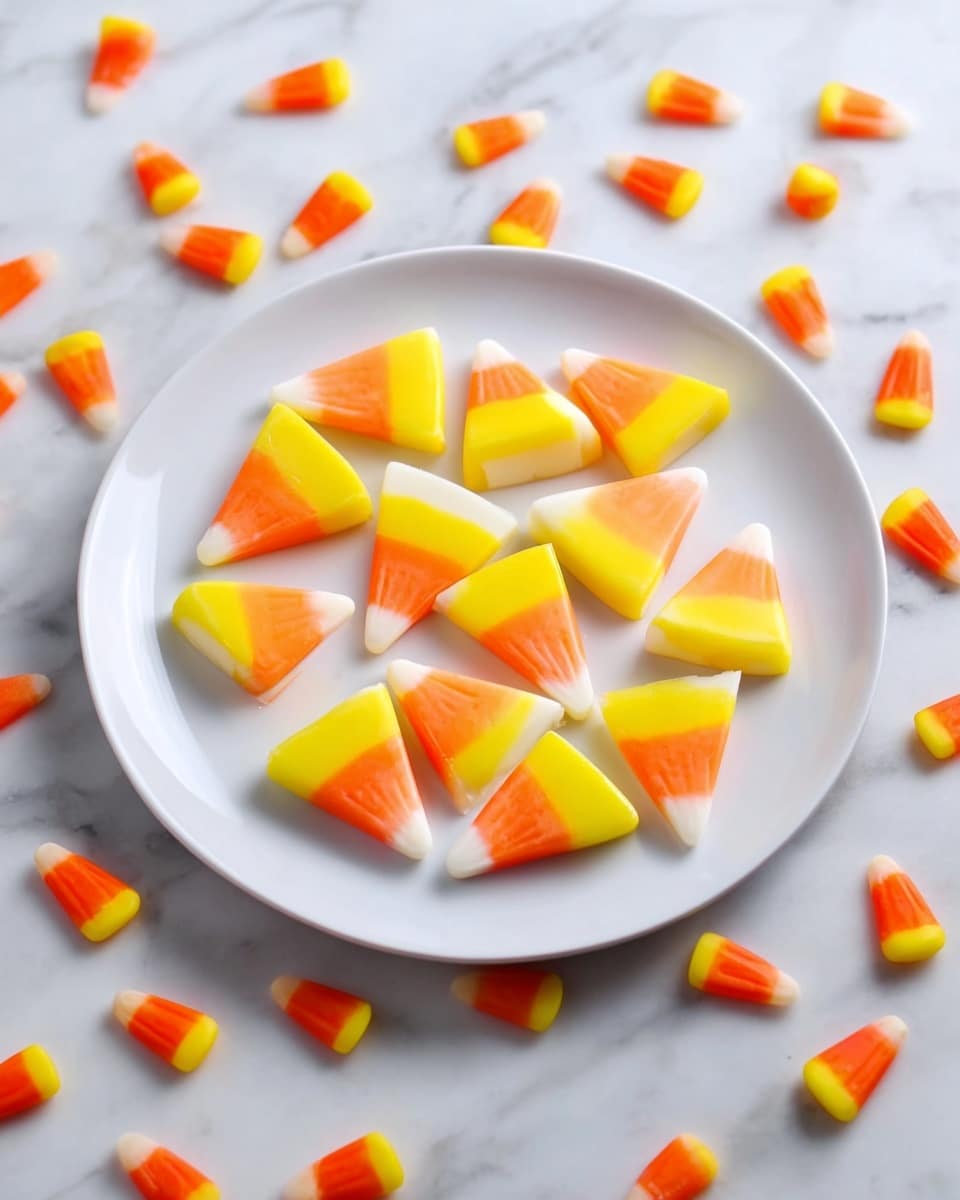 A white round plate sits on a white marbled surface with several triangular pieces of layered candy arranged in a circle. Each candy piece has three layers from bottom to top: a soft yellow layer, a bright orange middle layer, and a white top layer, all smooth in texture. Around the plate, small candy corns in yellow, orange, and white colors are scattered randomly, adding a festive touch. The lighting is bright and natural, highlighting the clean colors and smooth textures of the candy pieces. Photo taken with an iphone --ar 4:5 --v 7