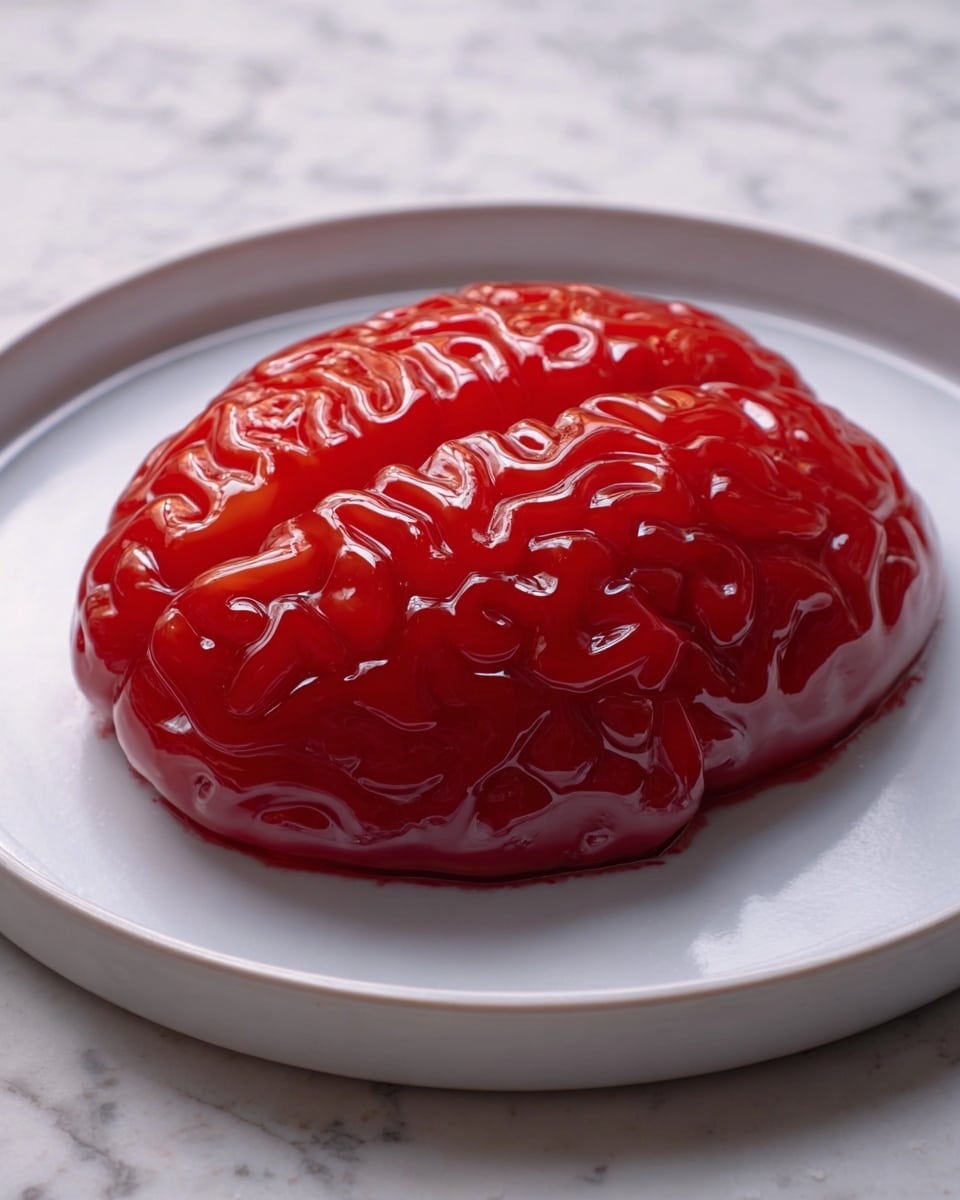 The image shows a shiny, bright red jelly shaped like a brain sitting on a white plate with a slightly textured surface. The jelly has detailed folds and grooves mimicking the brain’s structure, with the top layer glossy and smooth, catching the light. The jelly closely hugs the plate’s surface with no visible base layers apart from the main red jelly mass. The background is a white marbled texture, enhancing the contrast with the vivid red jelly. photo taken with an iphone --ar 4:5 --v 7