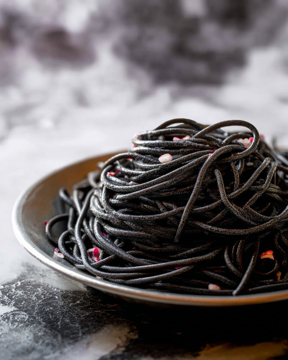 A close-up view of a single layer of dark black spaghetti noodles twisted into a mound on a round white plate. The noodles have a shiny texture and small bits of red and white scattered lightly on top, adding detail. The background is a white marbled texture with a soft focus, making the black noodles stand out clearly. Photo taken with an iphone --ar 4:5 --v 7