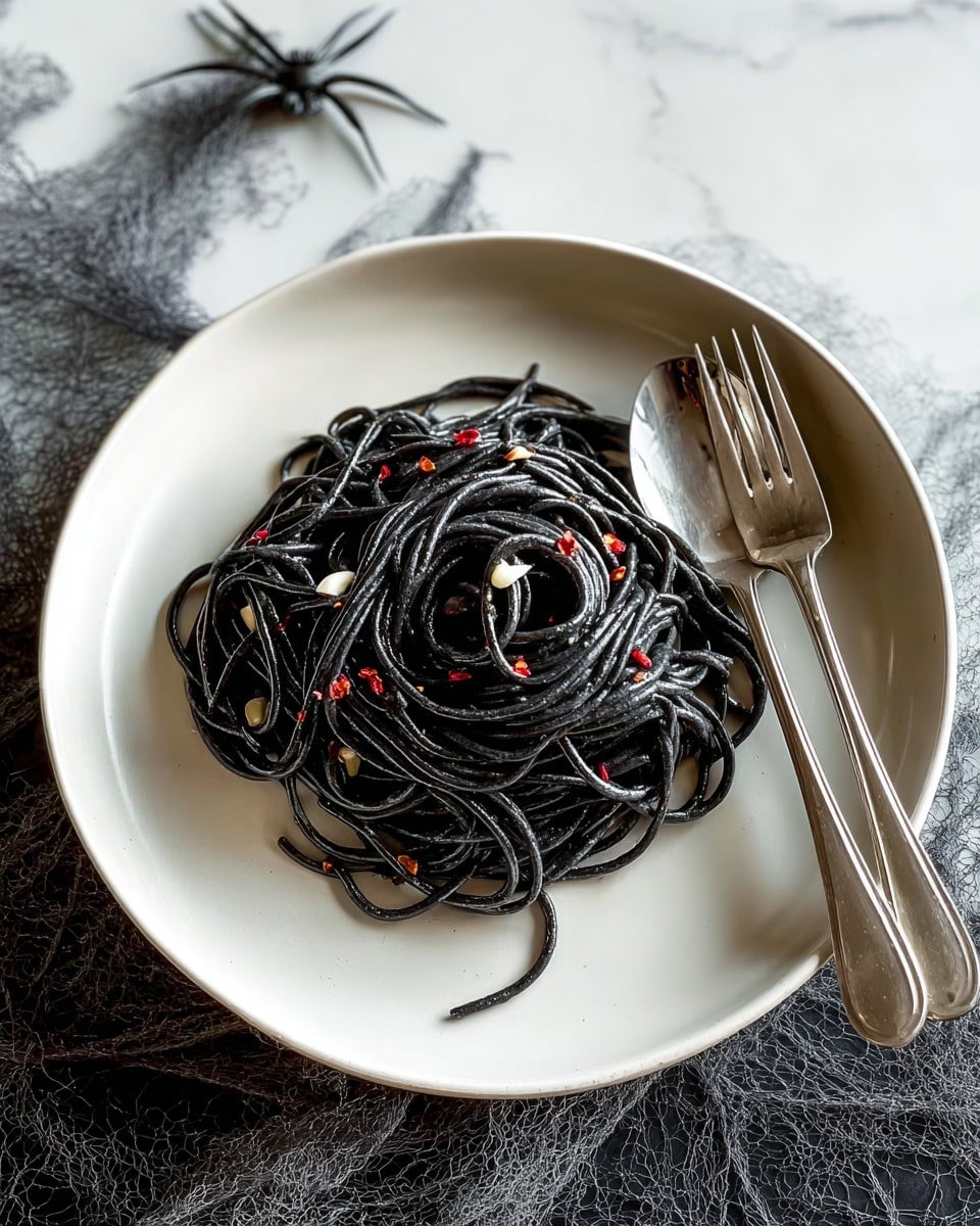 A plate of black spaghetti is arranged in a loose pile at the center of a white plate, with small bits of white garlic and red chili flakes scattered on top, adding slight color contrast to the dark pasta strands. The plate sits on a white marbled surface with soft, white web-like decoration around it. A silver fork and spoon rest beside the plate. The image shows the spaghetti's shiny, smooth texture clearly. Photo taken with an iphone --ar 4:5 --v 7