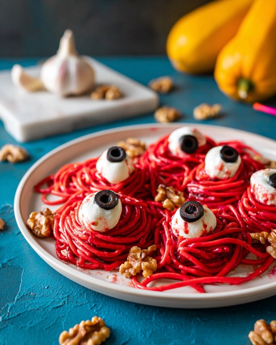 Halloween Beetroot Pasta with Mozzarella Eyeballs and Walnut “Brains Recipe