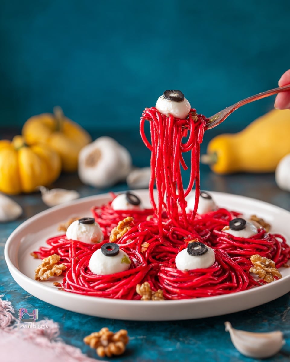A white plate with a round shape holds a serving of bright red pasta arranged in loose nests filling most of the plate. Scattered evenly around the pasta are small white mozzarella balls, each topped with a black olive half, like little hats. Between some mozzarella balls, there are pieces of light brown walnuts adding texture. A woman's hand is lifting a forkful of red pasta strands from the plate, showing their long, smooth, slightly shiny texture. The plate sits on a blue surface with a white marbled texture, with blurred yellow and white squash and garlic in the background. Photo taken with an iphone --ar 4:5 --v 7