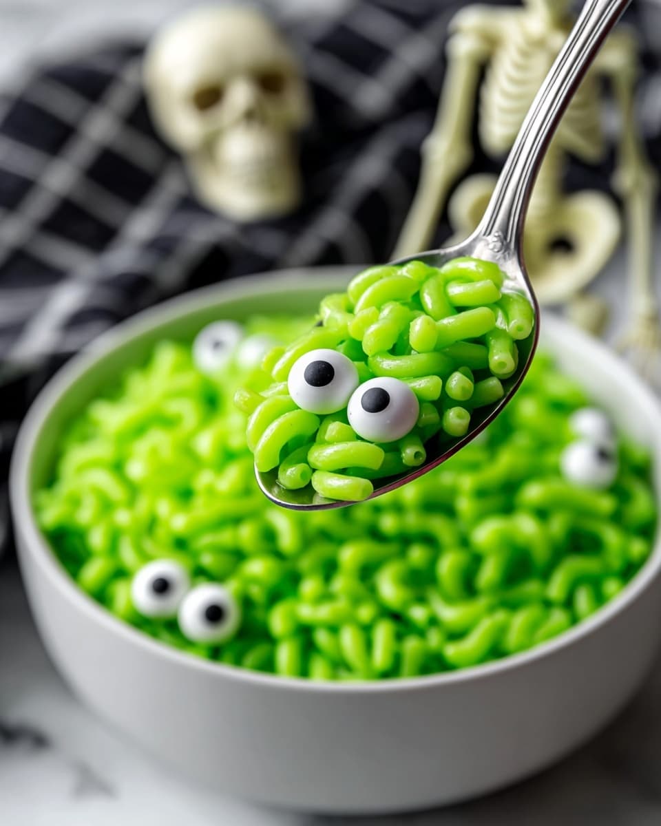 A close-up of a metal spoon holding bright green macaroni noodles coated in a shiny sauce, with two small, white candy eyes with black pupils placed on top to look like a face. Below the spoon, there is a white bowl filled with the same green noodles and several white candy eyes scattered on top. The scene is set on a white marbled surface with a blurred black and white checkered cloth and a small plastic skeleton figure in the background. The colors are vivid, and the texture of the noodles looks soft and smooth. photo taken with an iphone --ar 4:5 --v 7