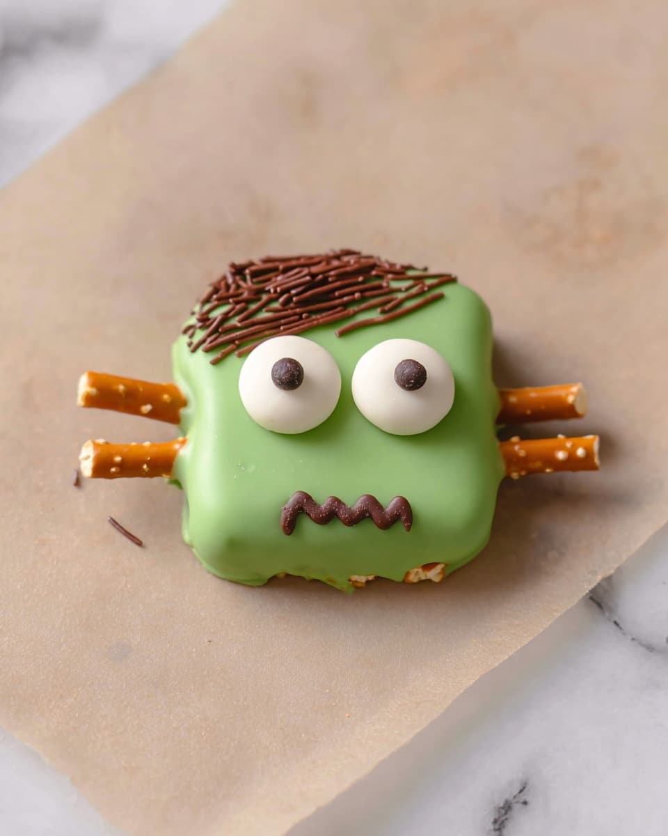 A small, square treat coated in smooth green icing forms the base layer. Two white candy eyes with black dots are placed side by side near the top center. Brown, rod-shaped sprinkles are spread on the upper left area, mimicking hair. A zigzag line of dark brown chocolate runs horizontally below the eyes, representing a mouth. On both sides of the square, small broken pretzel sticks stick out, resembling horns. The treat rests on a light beige parchment paper atop a white marbled surface. Photo taken with an iphone --ar 4:5 --v 7