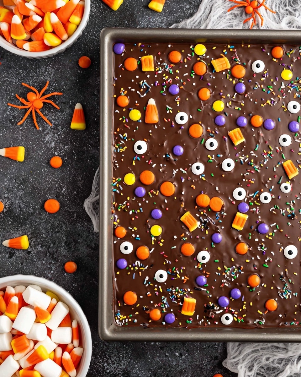 A rectangular metal baking pan filled with a smooth, thick layer of dark brown chocolate. On top, there are colorful candy decorations evenly spread: orange, purple, and yellow round candies, orange and white candy corn pieces, large white candy eyes with black centers, and small black, white, orange, and green sprinkles shaped like bats and ghosts. The pan sits on a dark speckled surface with a small white bowl of multicolored candies, white marshmallows, an orange pumpkin candy, and a small orange spider nearby. A white marbled texture is in the background. Photo taken with an iphone --ar 4:5 --v 7